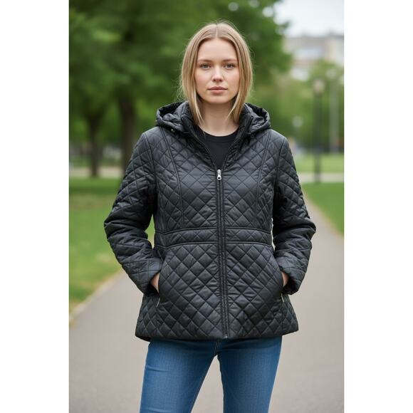 KATE SPADE COAT XL BLACK QUILTED HOODED PUFFER ANORAK JACKET ZIPPER WINTER COLD - Picture 4 of 11